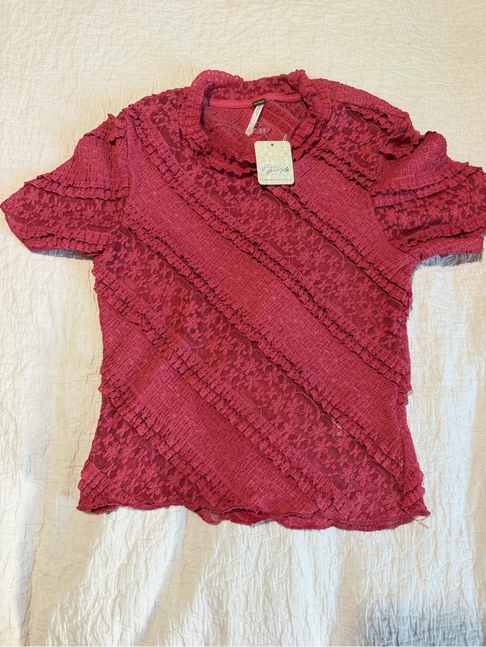 Free People Lace Ruffle Knit Top Vintage Rose Pink Small NWT